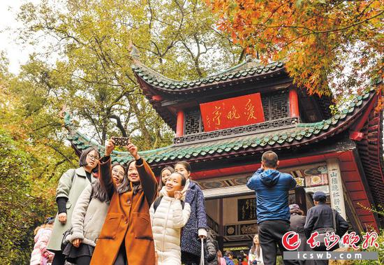 红枫下，游客在爱晚亭前自拍。
